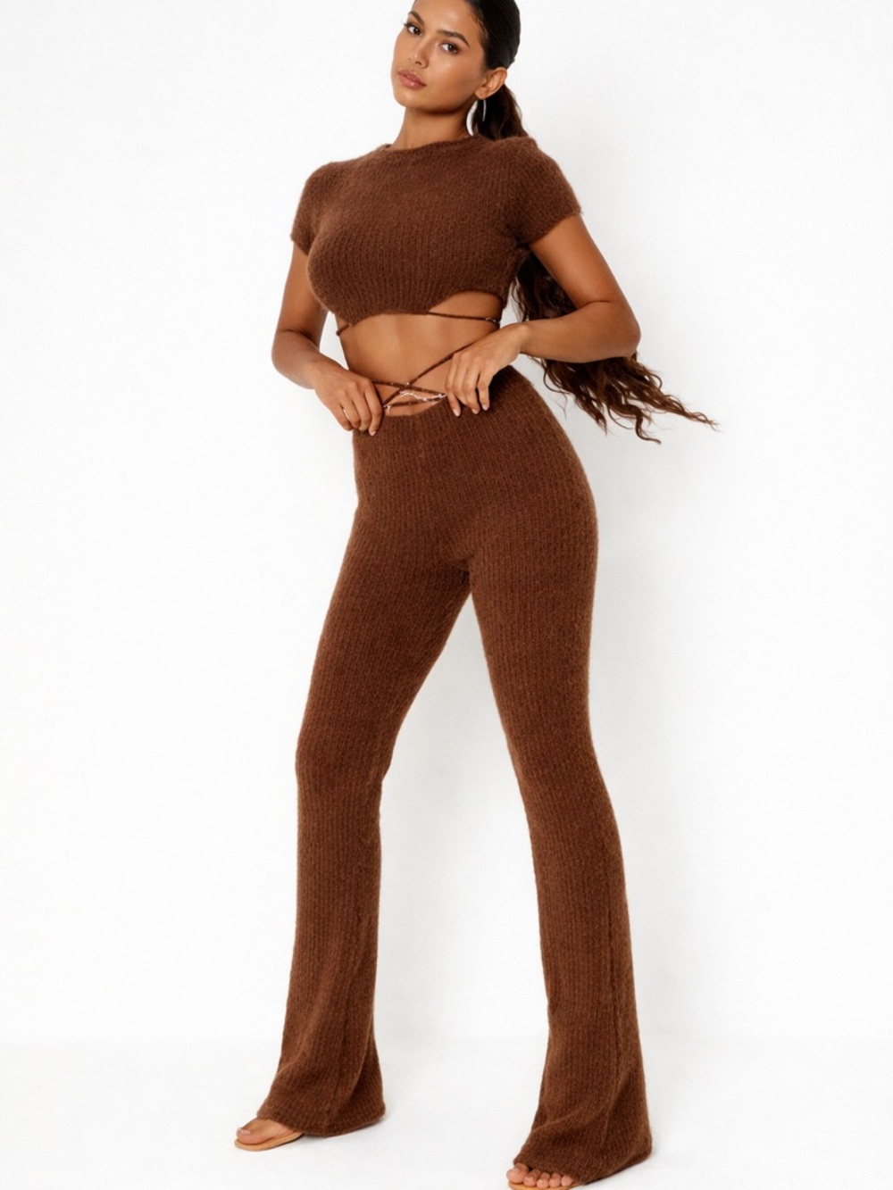 Carli Bybel x Missguided Sage Fluffy Knit Tie Waist Flare Set - Brown
